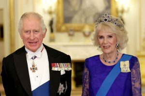 King Charles III and Camilla, Queen Consort during the State Banquet at Buckingham Palace on 22 November 2022