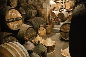 Cognac ageing cellar with barrels