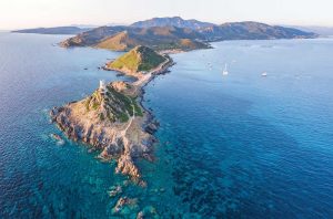 The Iles Sanguinaires on Corsica’s southwest coast, with one of the island’s many Genoese-era towers