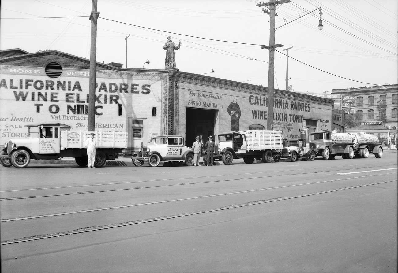 A fleet of trucks outside the California Wine Tonic Co premises in Los Angeles, 1931
