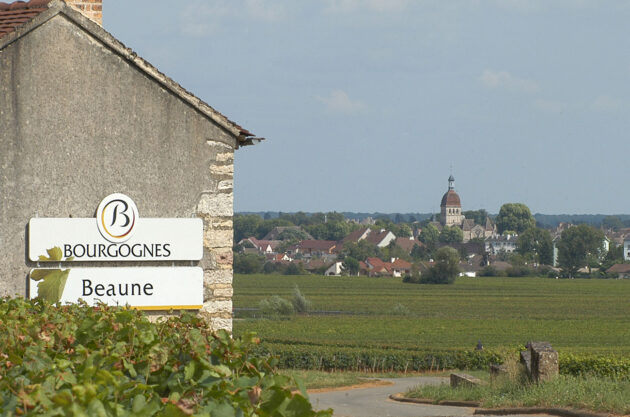 Old Beaune appellation sign in Burgundy.