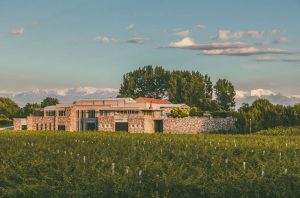 A brick building among vineyards