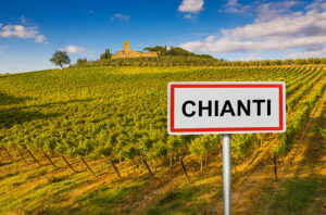 Chianti sign in front of vineyard