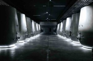 Geometric concrete tanks at Ottella winery in Lugana, Italy.