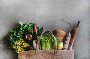 fruit and wine in basket