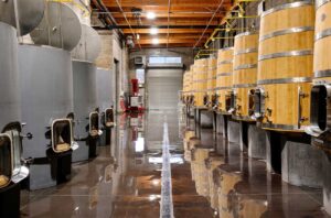 Oak and concrete fermentation vessels at Corliss winery in Red Mountain AVA