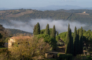 Looking west from the town of Montalcino. Brunello di Montalcino 2019 Riserva