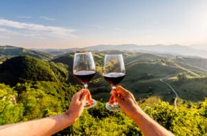 Two hands clinking glases of red wine in outdoor setting